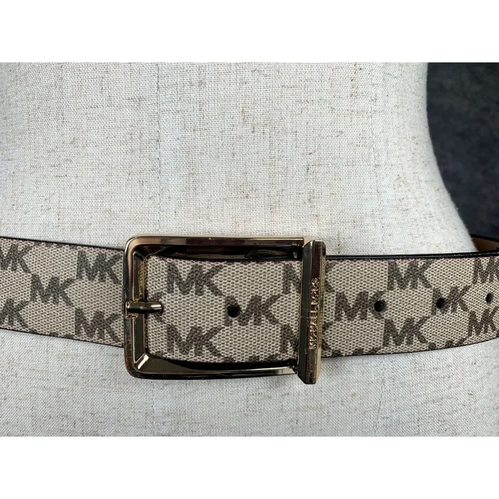 Michael Kors Signature Belt Medium Ivory Brown Logo Gold Buckle New with‎ tags
